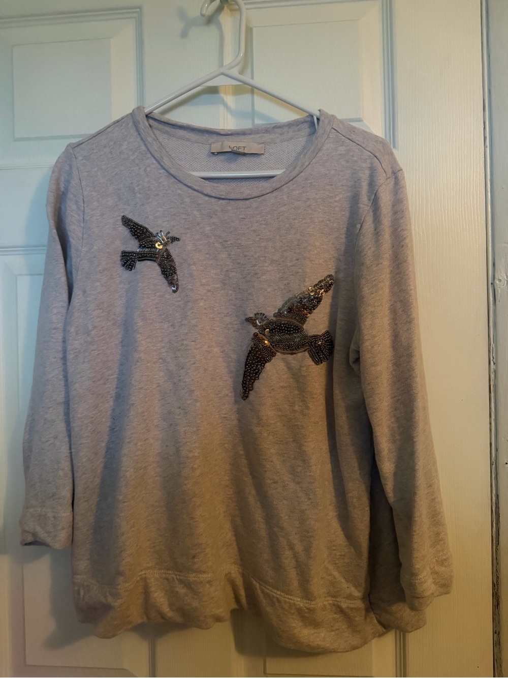 LOFT Gray Sweatshirt with Beaded Bird Appliqués